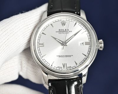 Rolex Datejust 8215 Movement 40mm Waterproof 100m Black/Brown Calfskin Leather Strap Roman Numerals Markers White Face Watch